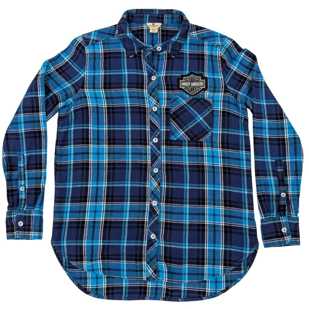 Woolrich Plaid Flannel Shirt Harley Davidson Patch Blue Black‎ White S - Picture 8 of 15